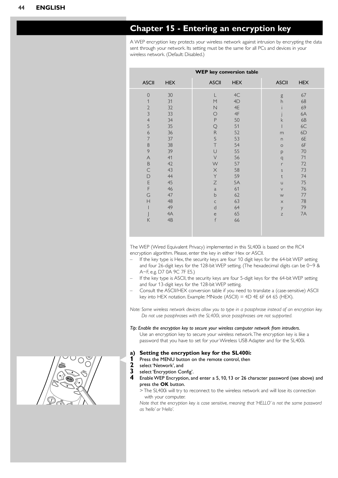 Philips manual Entering an encryption key, Setting the encryption key for the SL400i 