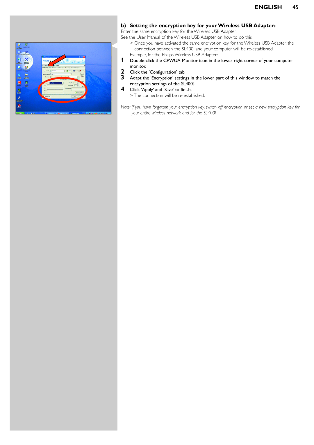 Philips SL400i manual Setting the encryption key for your Wireless USB Adapter 