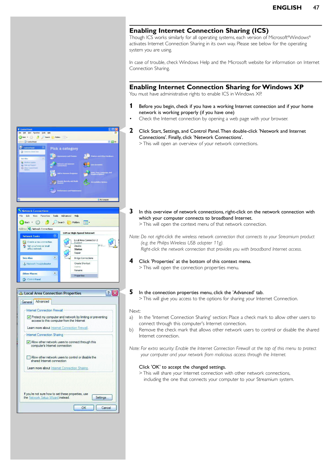 Philips SL400i manual Enabling Internet Connection Sharing ICS, Enabling Internet Connection Sharing for Windows XP 