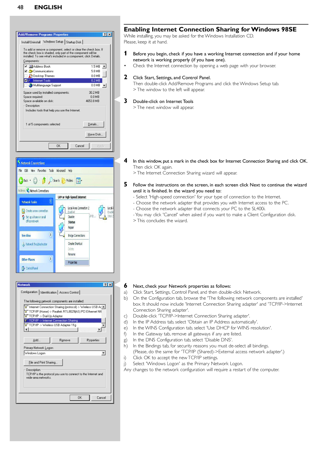 Philips SL400i manual Enabling Internet Connection Sharing for Windows 98SE 