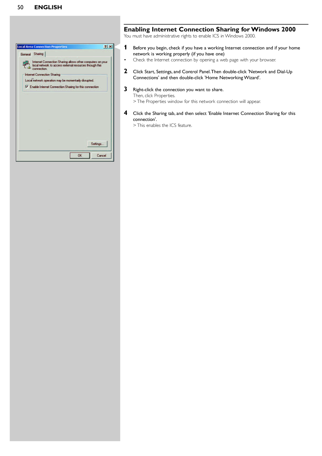 Philips SL400i manual Enabling Internet Connection Sharing for Windows 