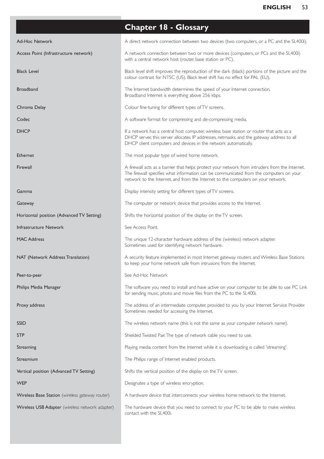 Philips SL400i manual Glossary, Streaming Streamium Vertical position Advanced TV Setting 