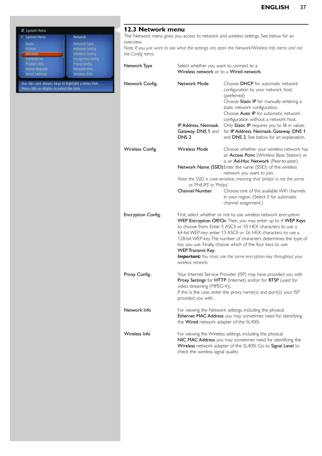Philips SL400i/37 manual Network menu, English 