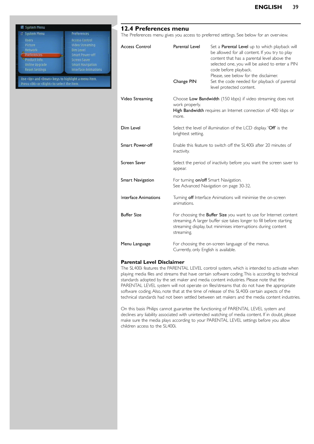 Philips SL400i/37 manual Preferences menu, English, Parental Level Disclaimer 