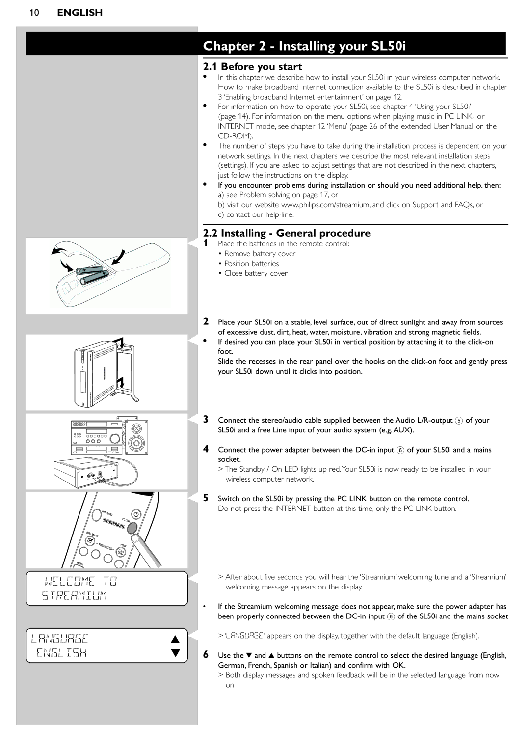 Philips manual Installing your SL50i, Language English, Before you start, Installing General procedure 