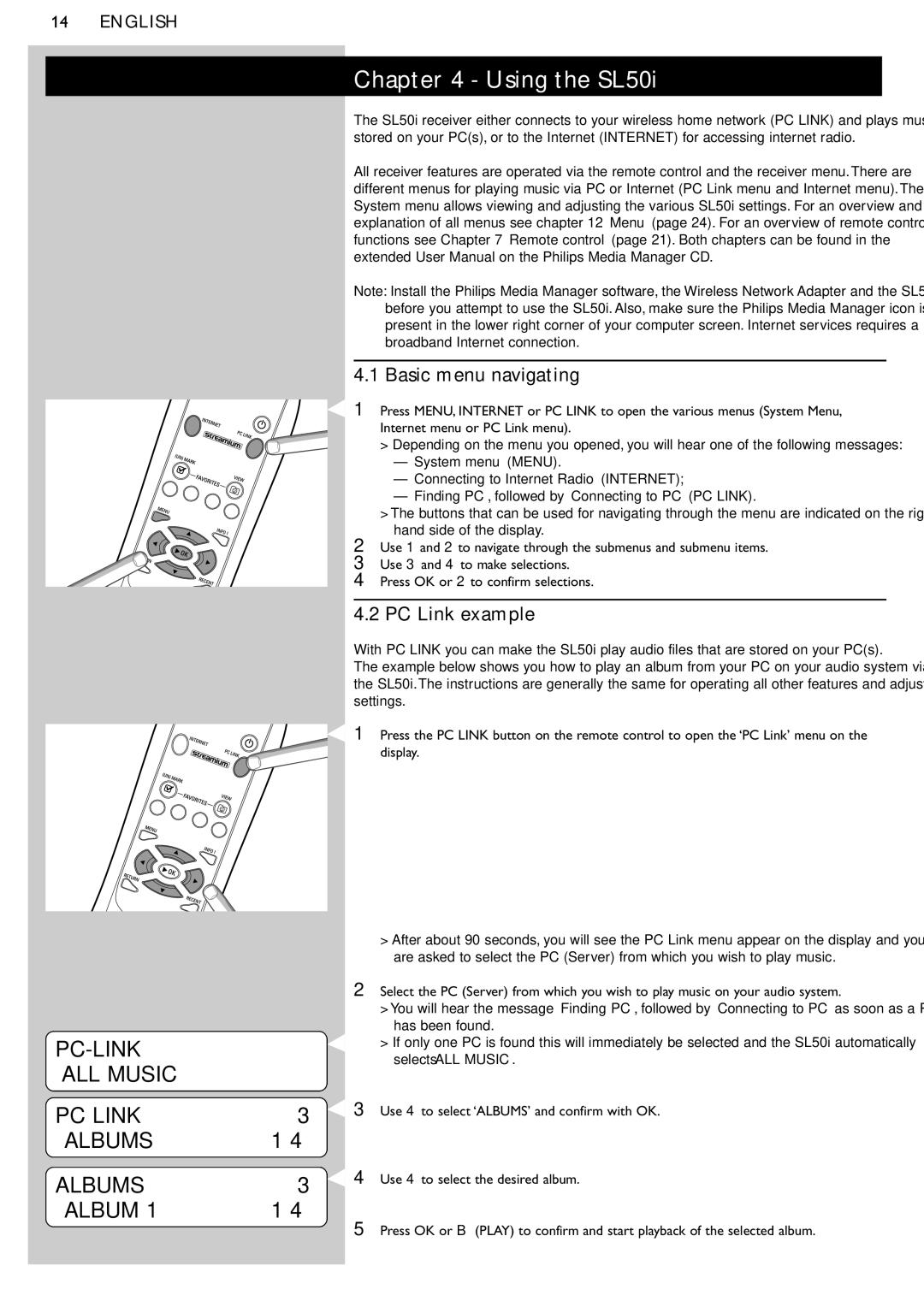 Philips manual Using the SL50i, PC-LINK ALL Music PC Link Albums, Basic menu navigating, PC Link example 