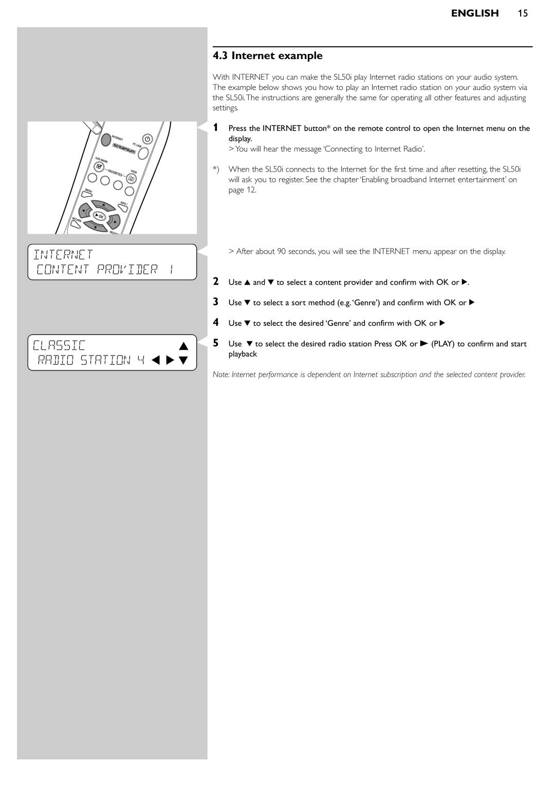 Philips SL50i manual Internet Content Provider, Classic, Internet example 