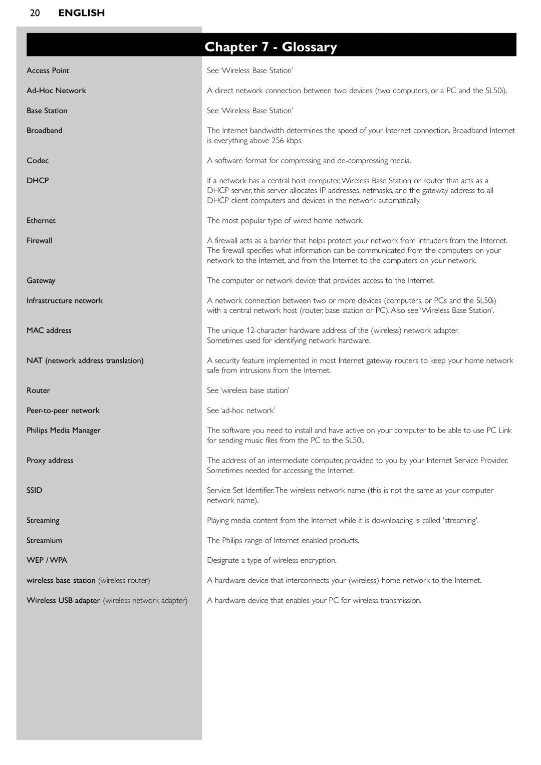 Philips SL50i manual Glossary, Dhcp 