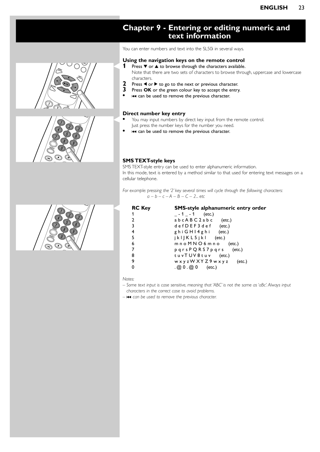 Philips SL50i Entering or editing numeric and text information, Using the navigation keys on the remote control, RC Key 