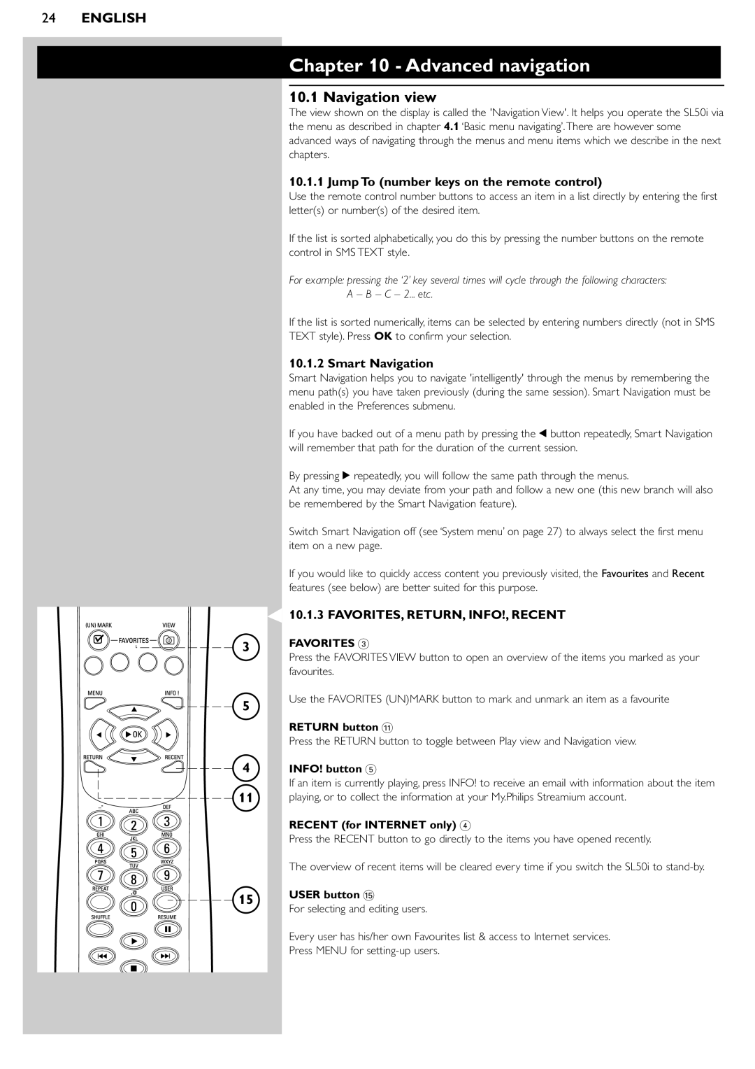 Philips SL50i manual Advanced navigation, Navigation view, Jump To number keys on the remote control, Smart Navigation 