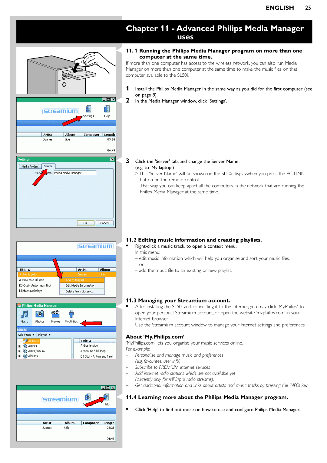 Philips SL50i manual Advanced Philips Media Manager uses, Editing music information and creating playlists 