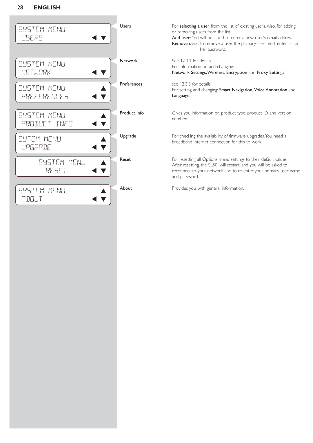 Philips SL50i manual Reset System Menu About, Or removing users from the list 