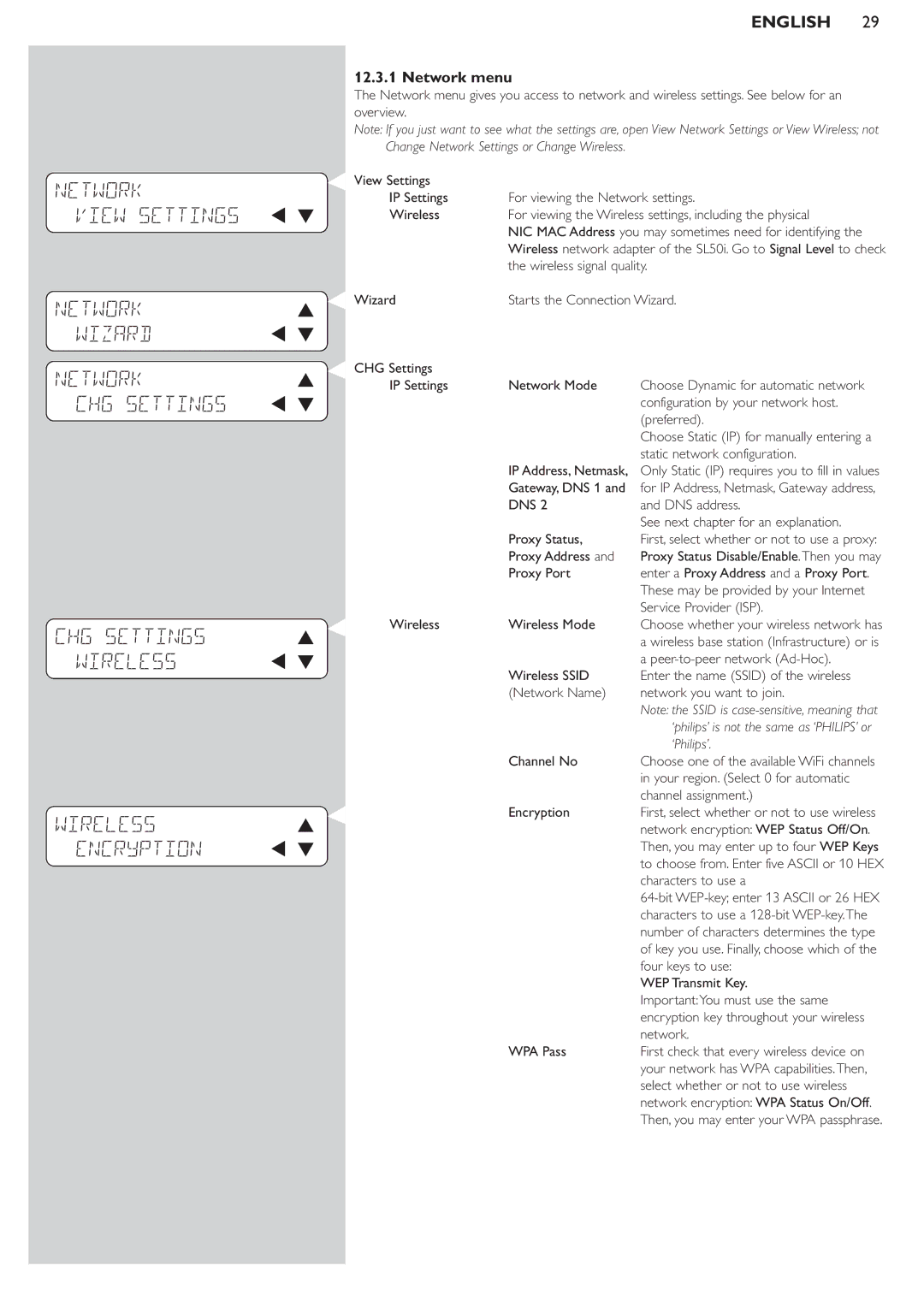 Philips SL50i manual Network View Settings, CHG Settings Wireless, Network menu 