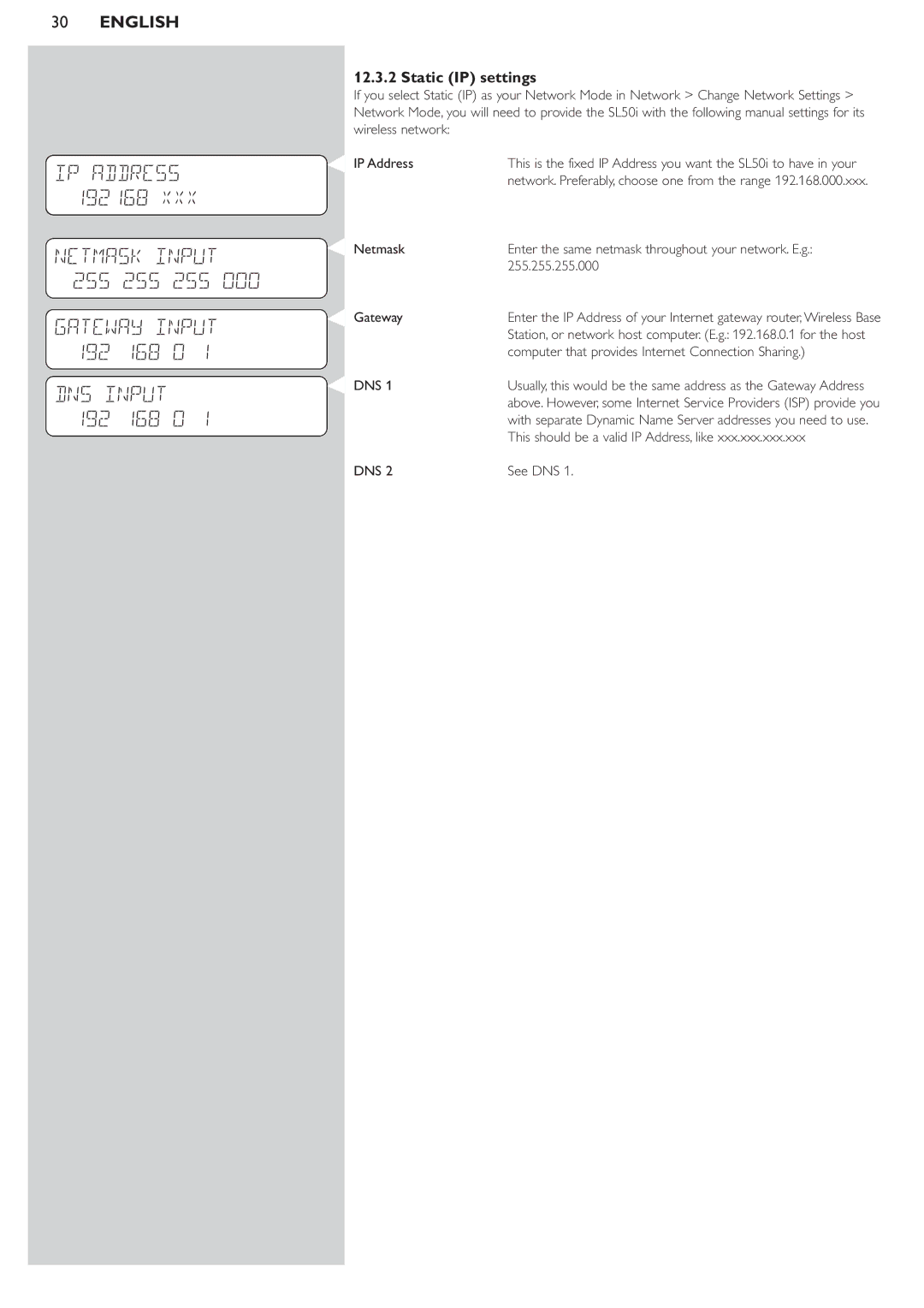 Philips SL50i manual IP Address 192168, Static IP settings 