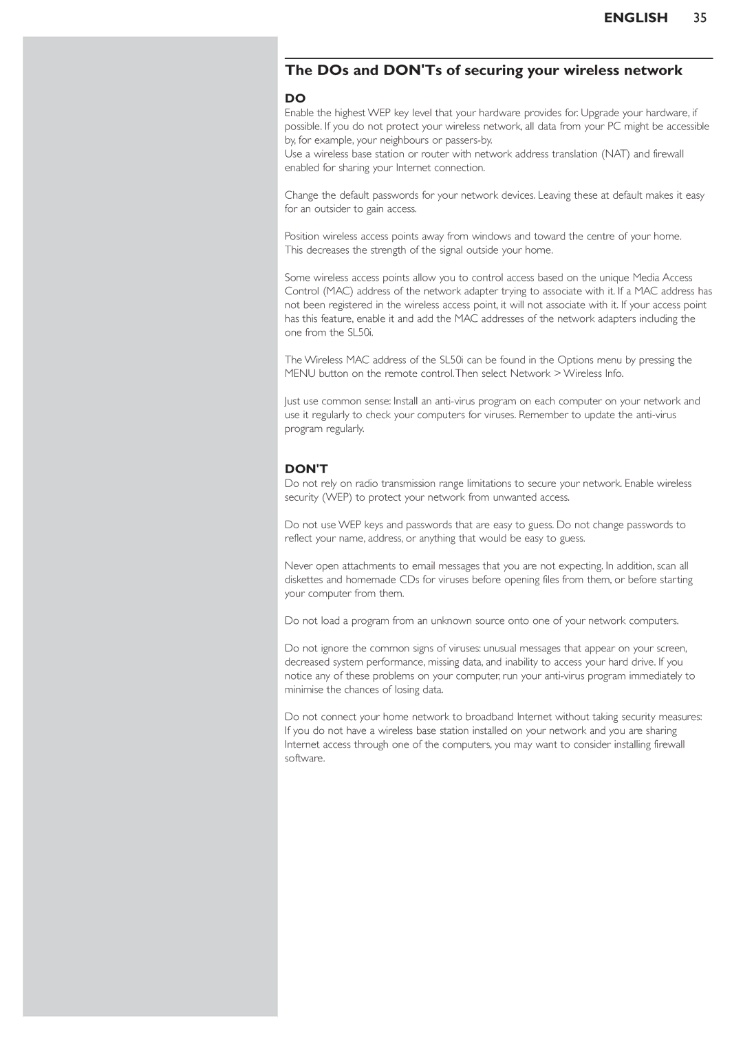 Philips SL50i manual DOs and DONTs of securing your wireless network, Dont 