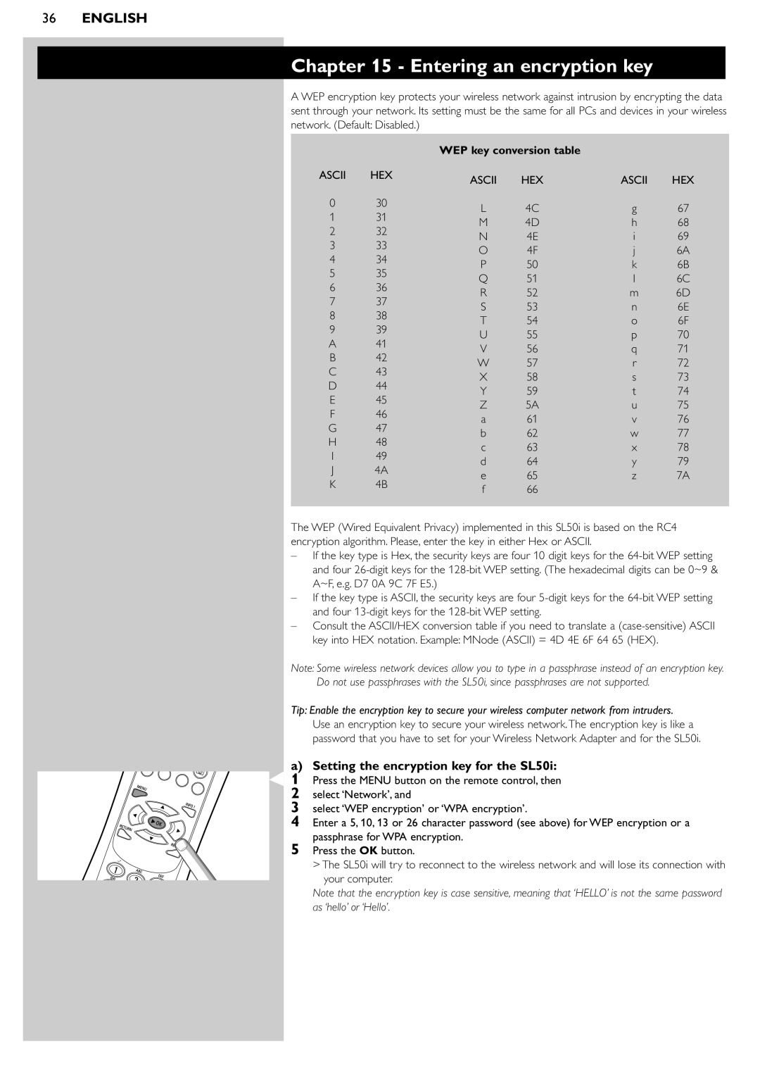 Philips manual Entering an encryption key, Setting the encryption key for the SL50i, WEP key conversion table 