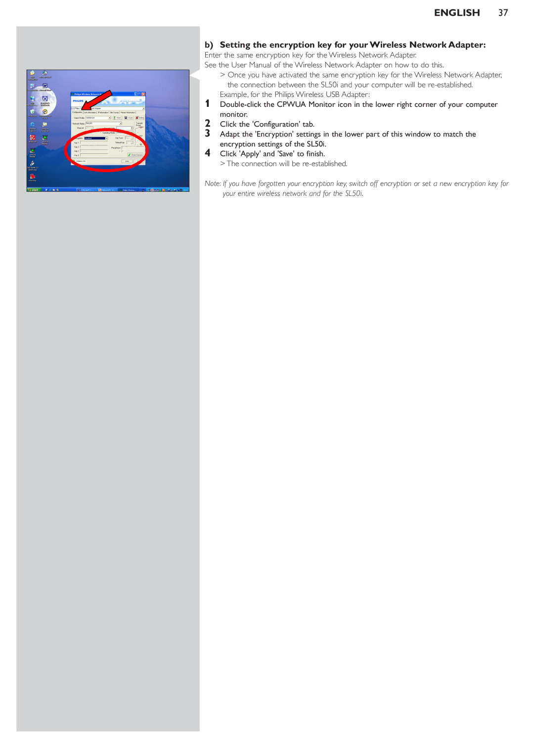 Philips SL50i manual Setting the encryption key for your Wireless Network Adapter 