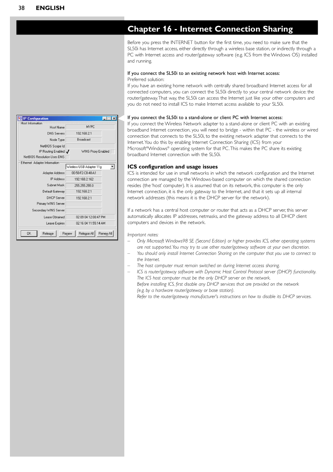 Philips SL50i manual Internet Connection Sharing, ICS configuration and usage issues 