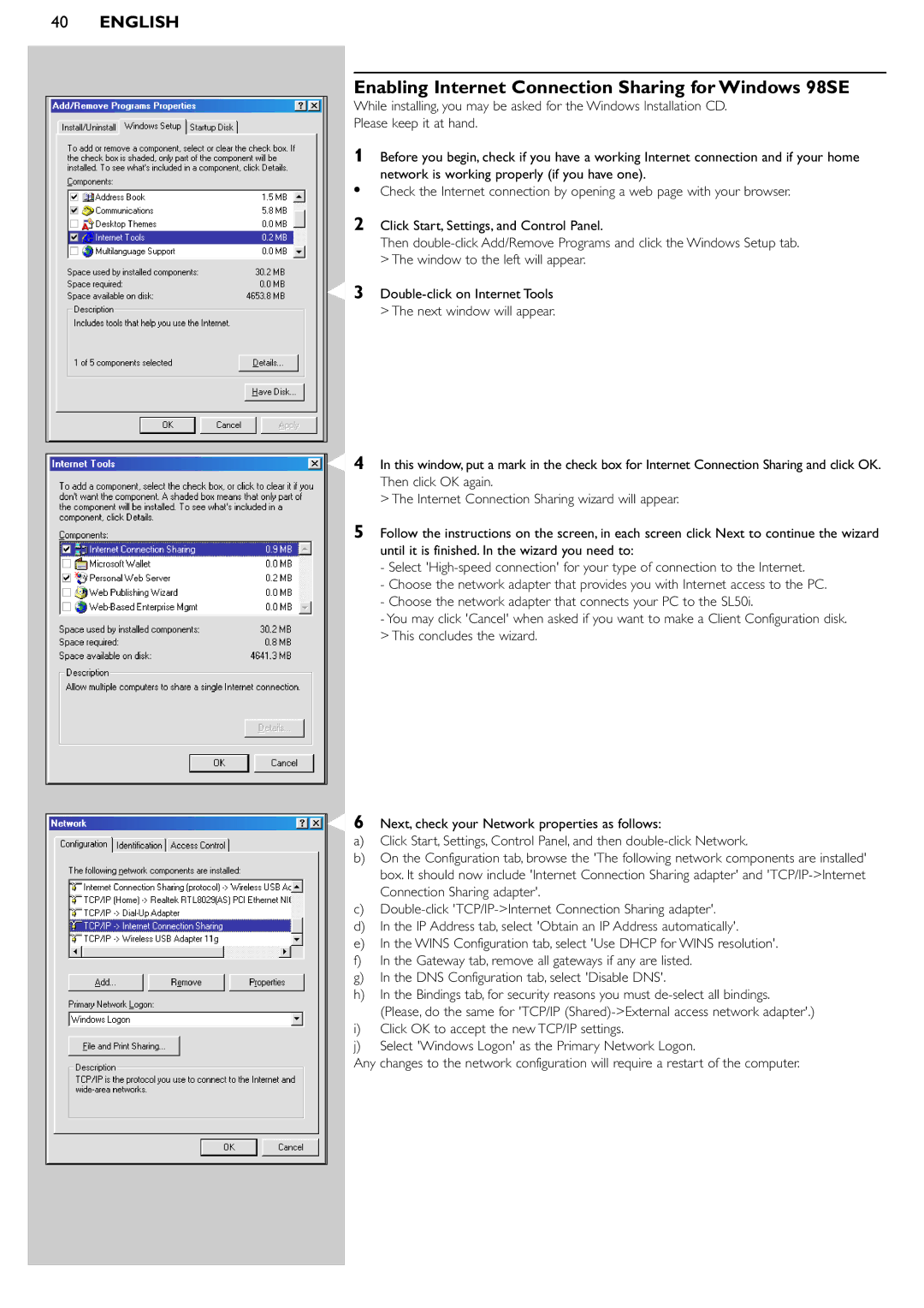 Philips SL50i manual Enabling Internet Connection Sharing for Windows 98SE 