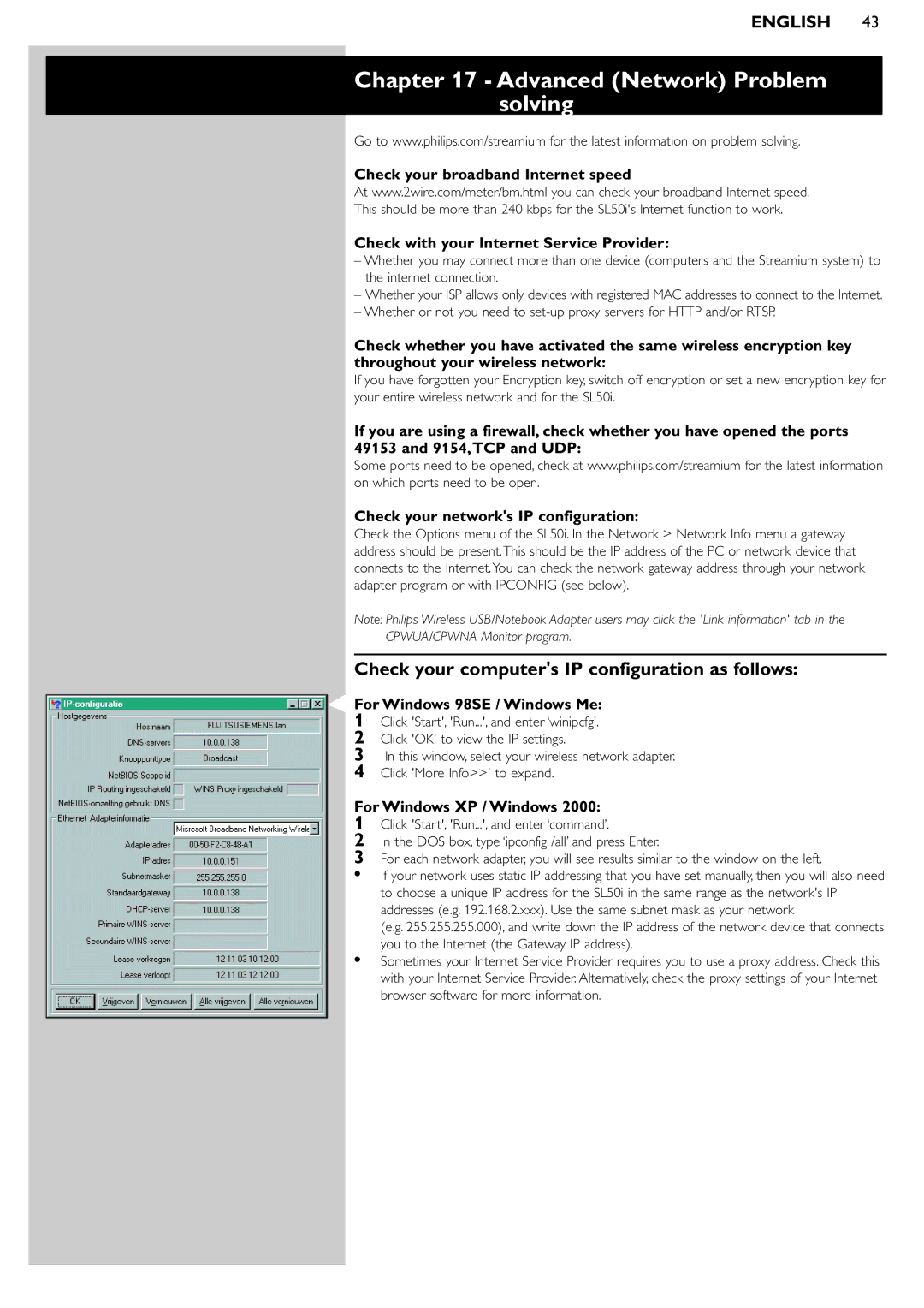 Philips SL50i Advanced Network Problem solving, Check your computers IP configuration as follows, For Windows XP / Windows 