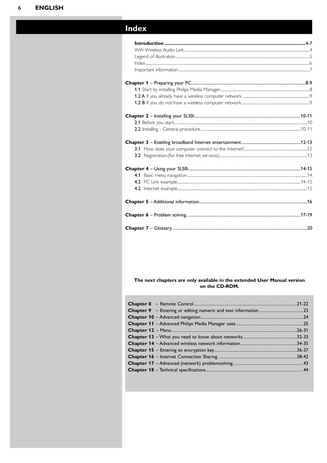 Philips SL50i manual Index, Introduction, On the CD-ROM Chapter 