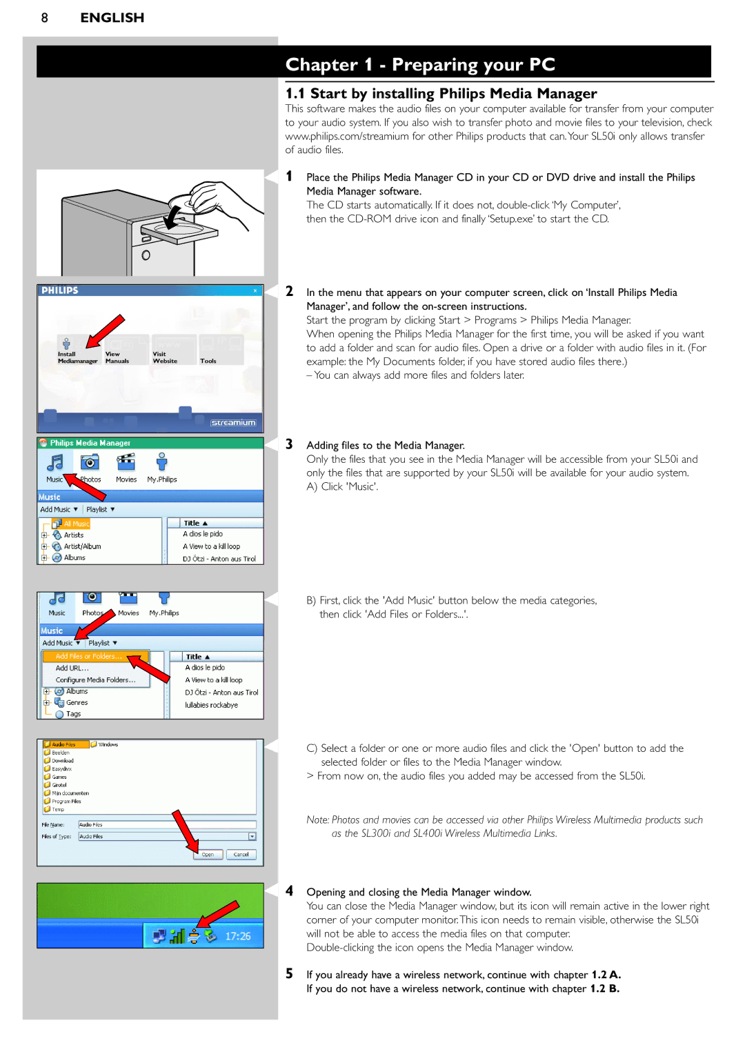 Philips SL50i manual Preparing your PC, Start by installing Philips Media Manager 