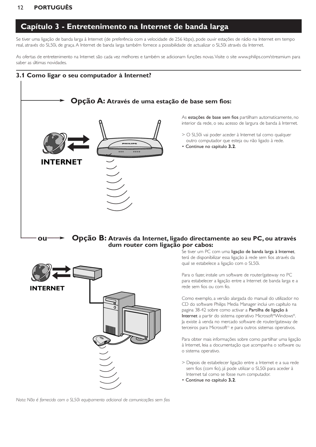 Philips SL50i manual Capítulo 3 Entretenimento na Internet de banda larga, Continue no capítulo 