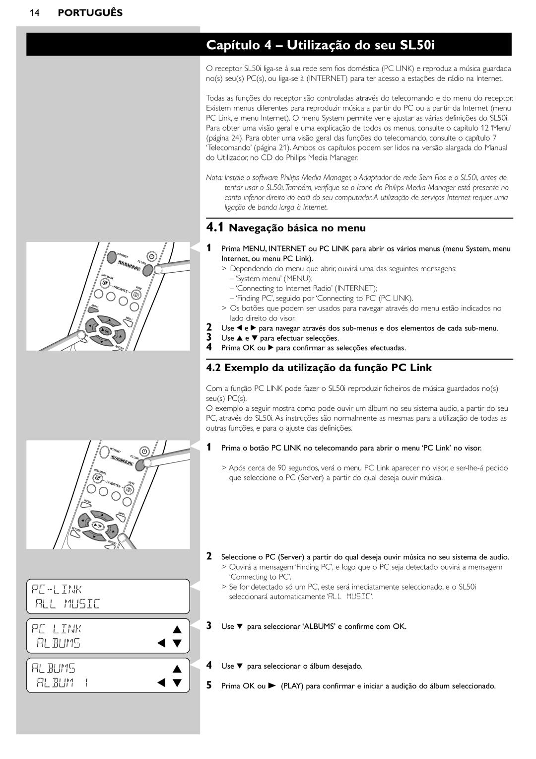 Philips manual Capítulo 4 Utilização do seu SL50i, PC-LINK ALL Music PC Link Albums, Navegação básica no menu 