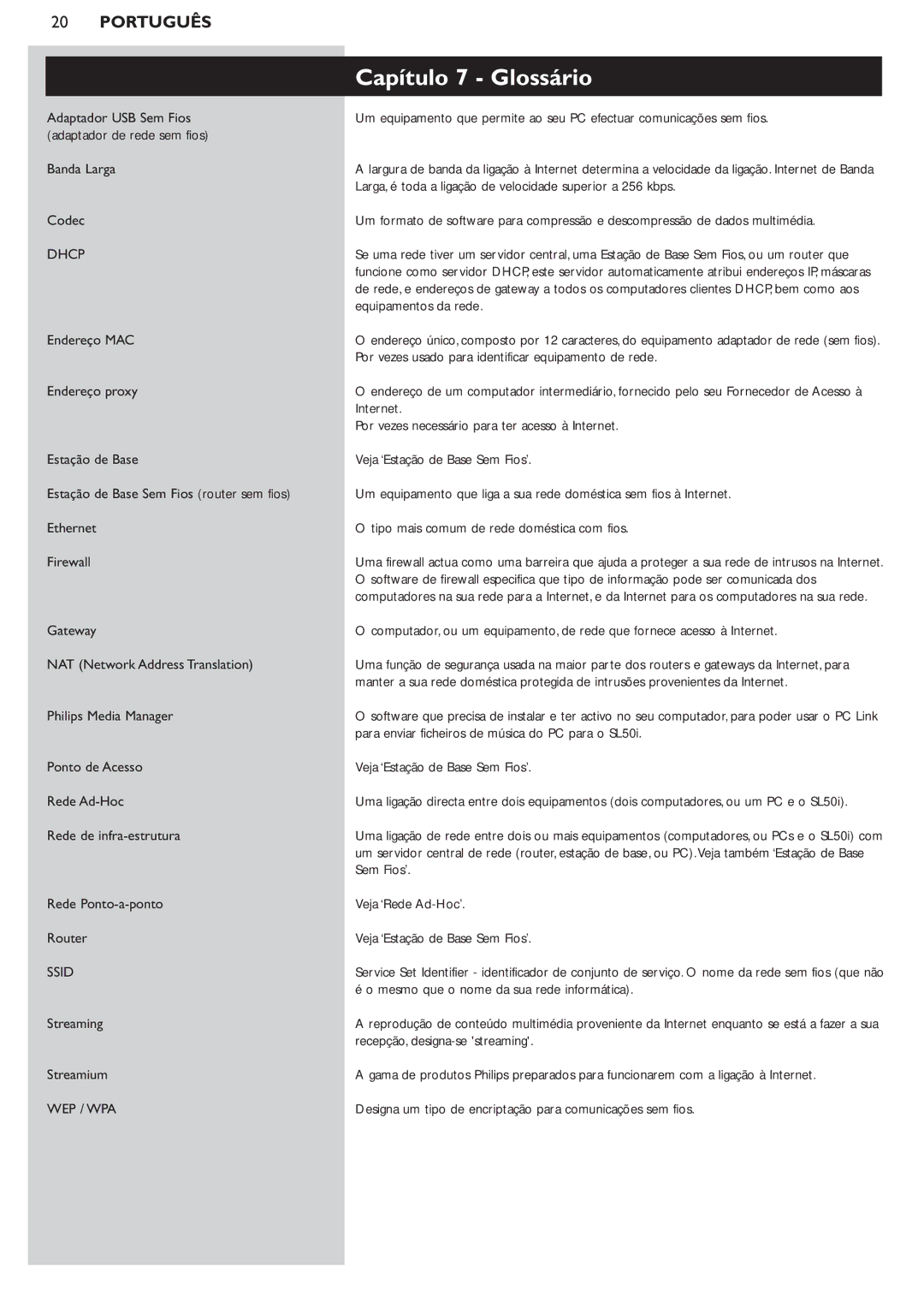 Philips SL50i manual Capítulo 7 Glossário, Banda Larga Codec, Streaming Streamium 