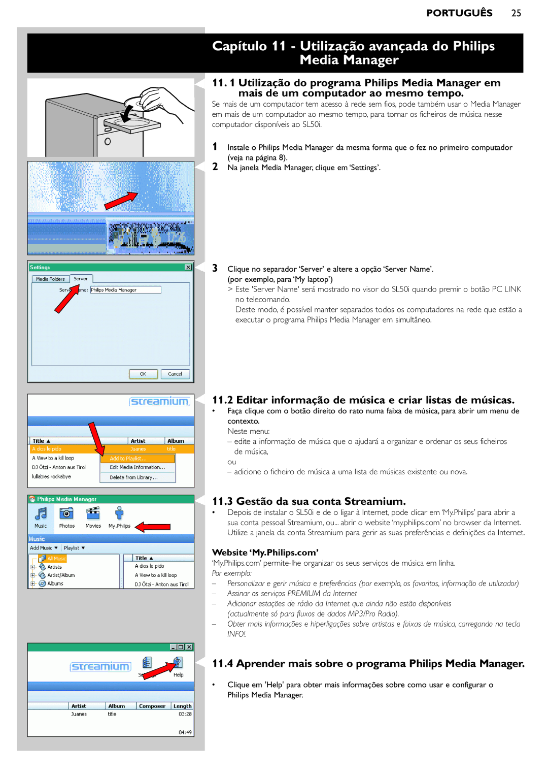 Philips SL50i manual Capítulo 11 Utilização avançada do Philips Media Manager, Gestão da sua conta Streamium 
