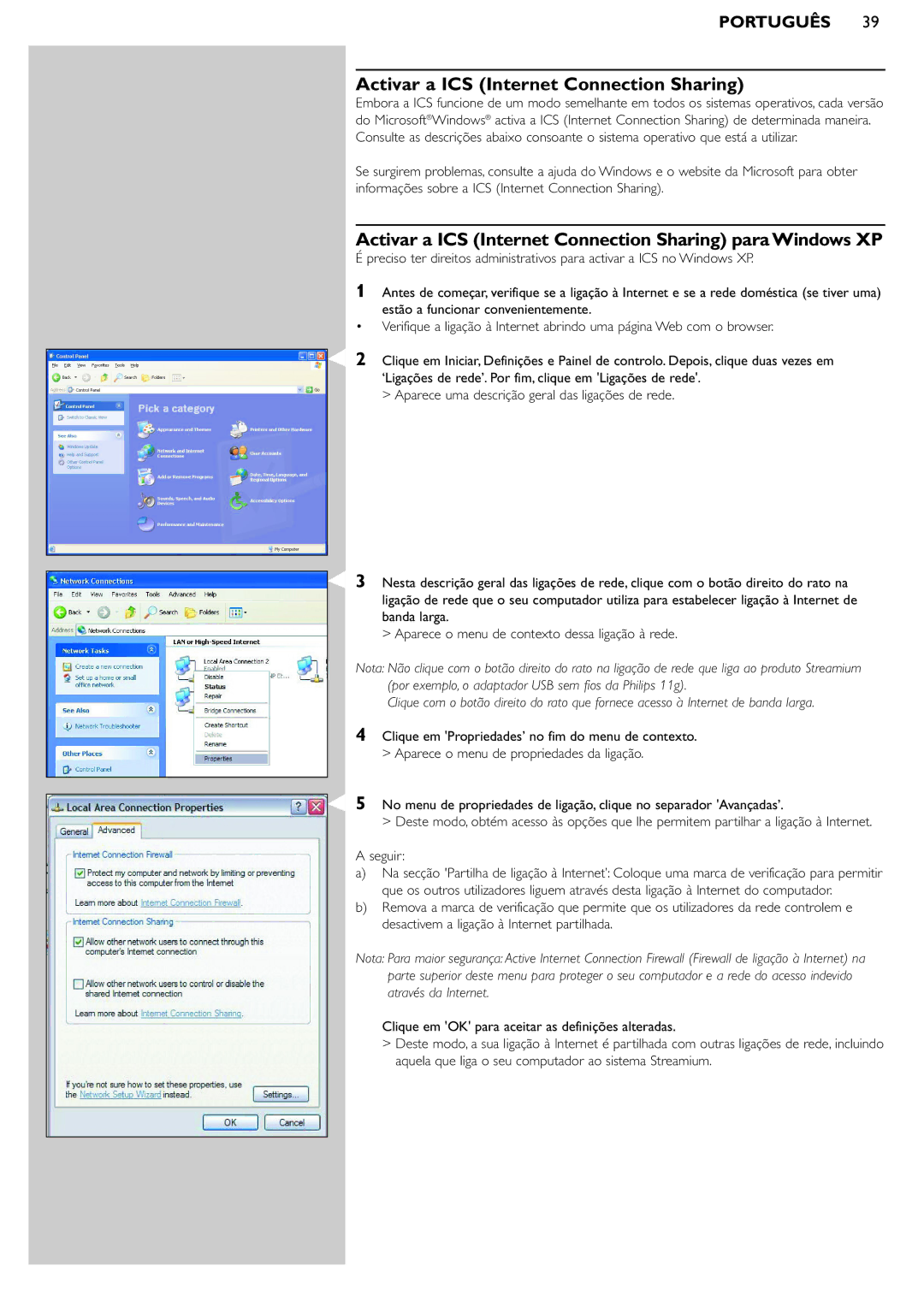 Philips SL50i manual Activar a ICS Internet Connection Sharing para Windows XP, Seguir 