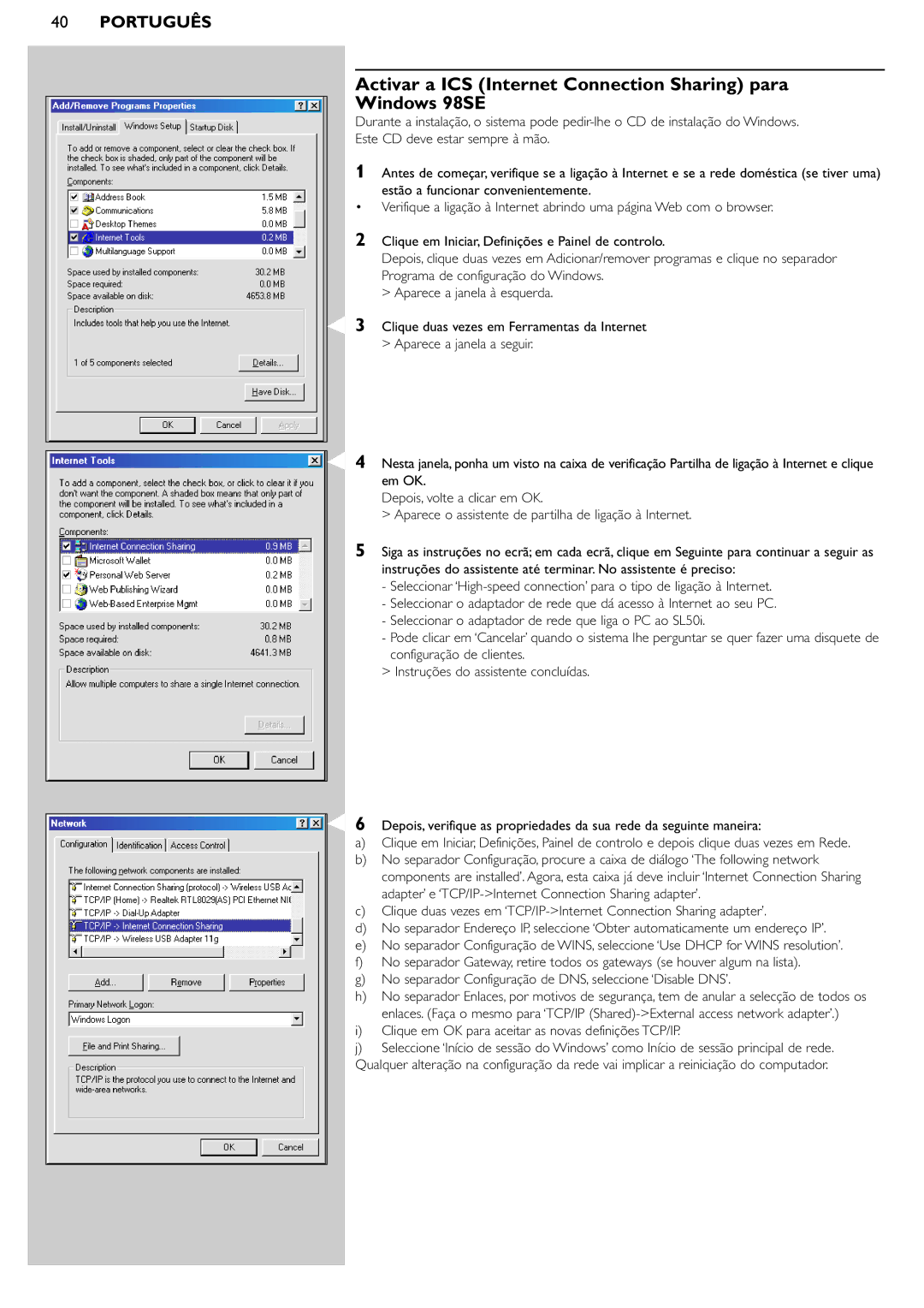 Philips SL50i manual Activar a ICS Internet Connection Sharing para Windows 98SE 