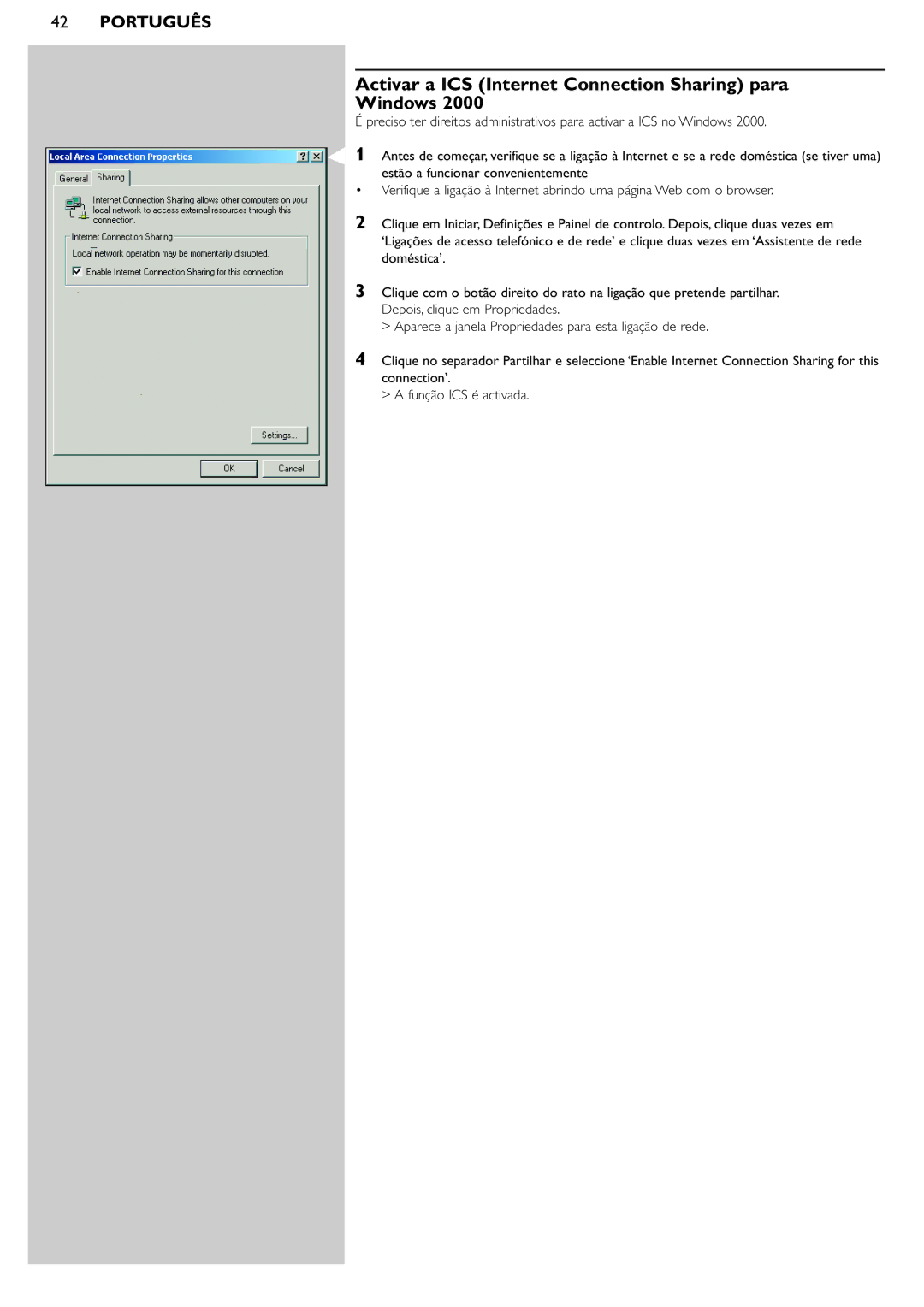 Philips SL50i manual Activar a ICS Internet Connection Sharing para Windows 
