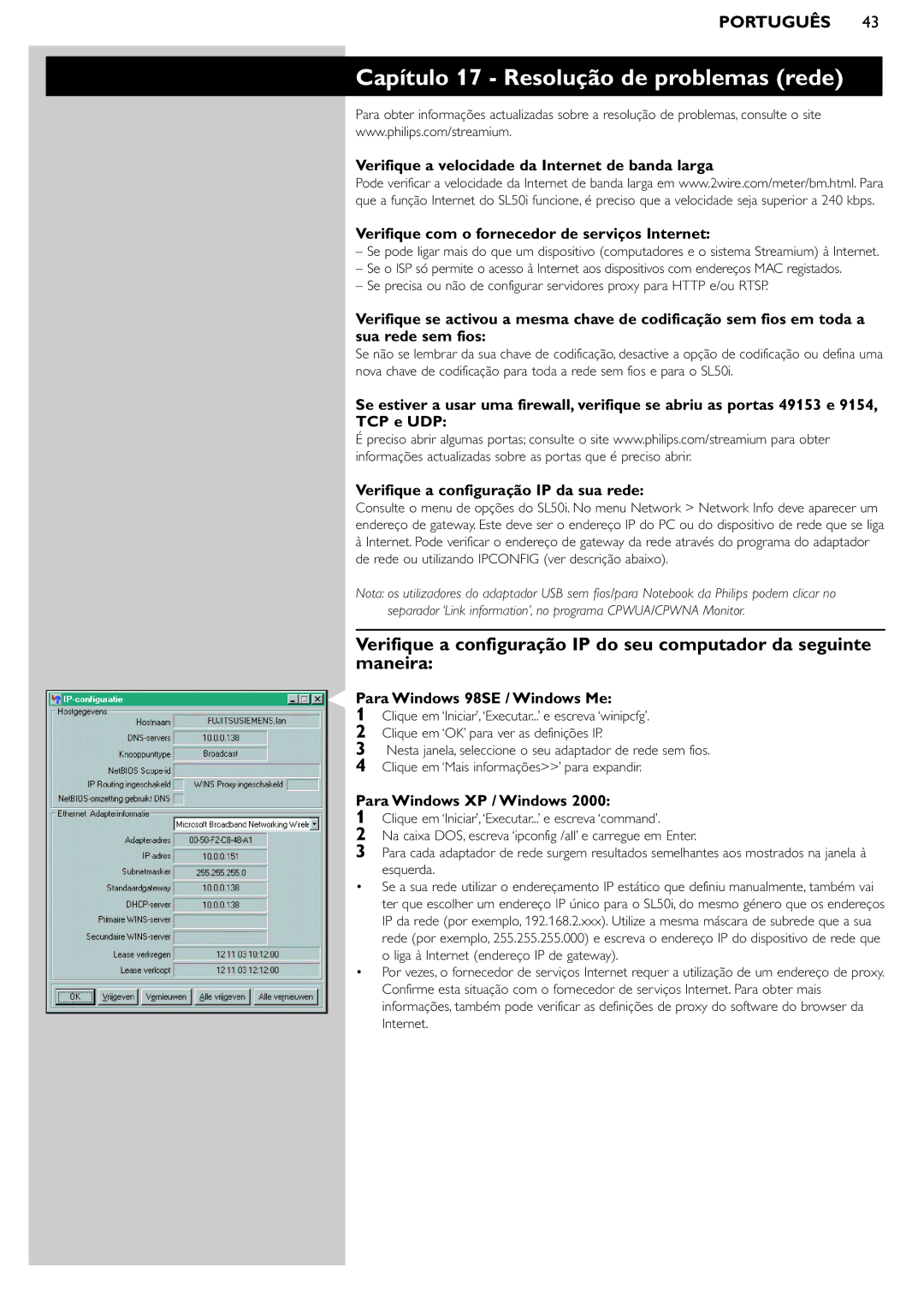 Philips SL50i Capítulo 17 Resolução de problemas rede, Para Windows 98SE / Windows Me, Para Windows XP / Windows, Esquerda 