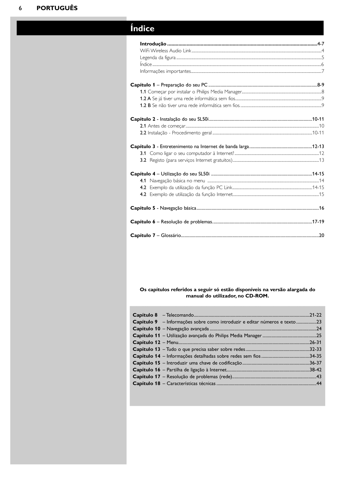 Philips SL50i manual Índice, Introdução, Capítulo 