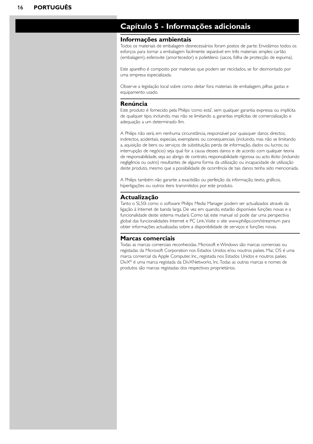 Philips SL50i manual Capítulo 5 - Informações adicionais, Informações ambientais, Renúncia, Actualização, Marcas comerciais 