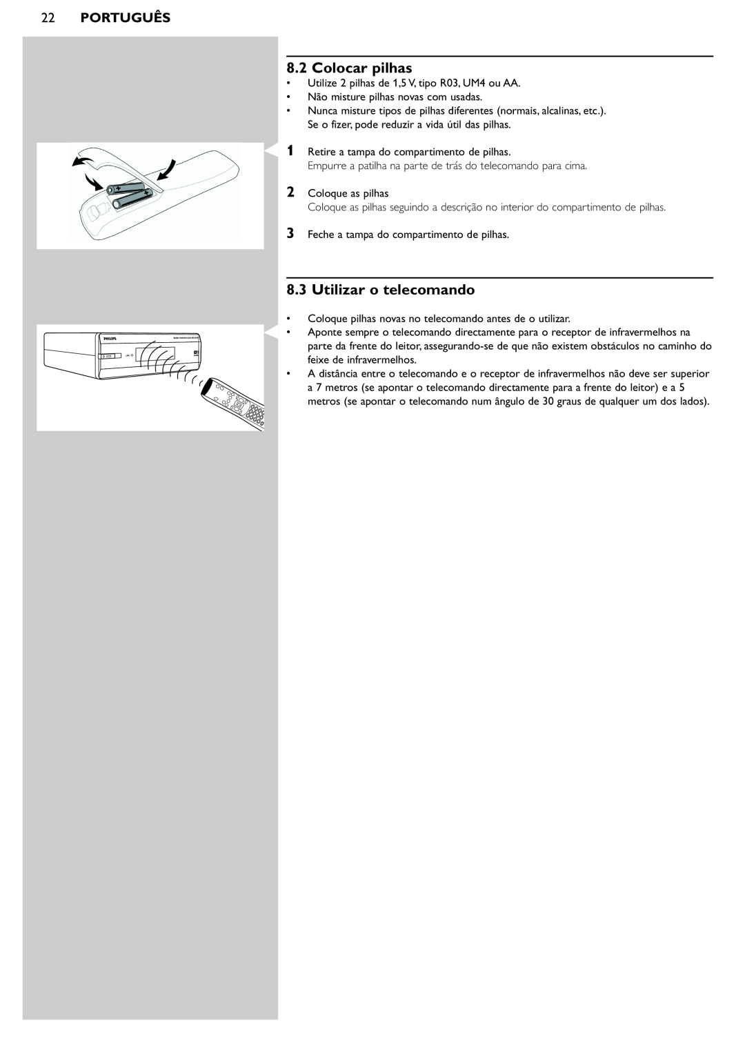 Philips SL50i manual Colocar pilhas, Utilizar o telecomando, 22PORTUGUÊS 