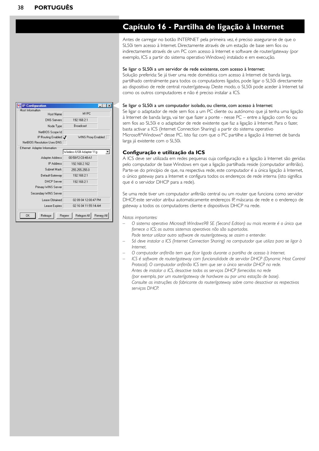 Philips SL50i manual Capítulo 16 - Partilha de ligação à Internet, 38PORTUGUÊS, Configuração e utilização da ICS 