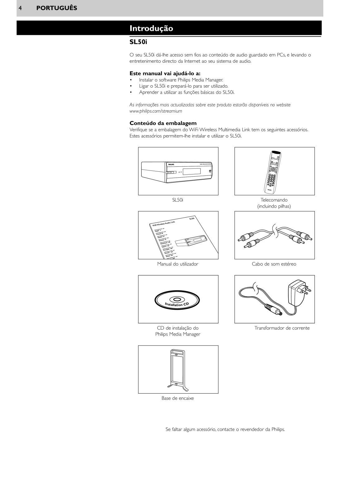Philips SL50i Introdução, Este manual vai ajudá-loa, Conteúdo da embalagem 