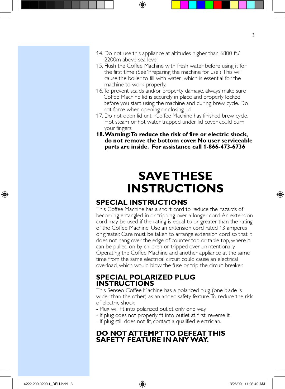 Philips II Blue US, SL7810/65 manual Save These Instructions 