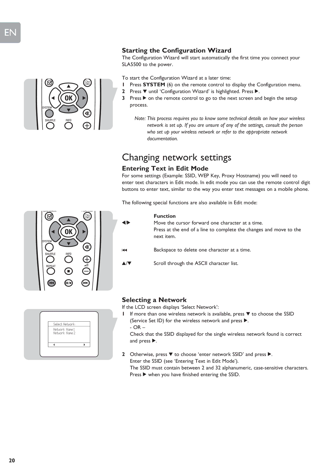 Philips SLA5500 Changing network settings, Starting the Configuration Wizard, Entering Text in Edit Mode, Function 