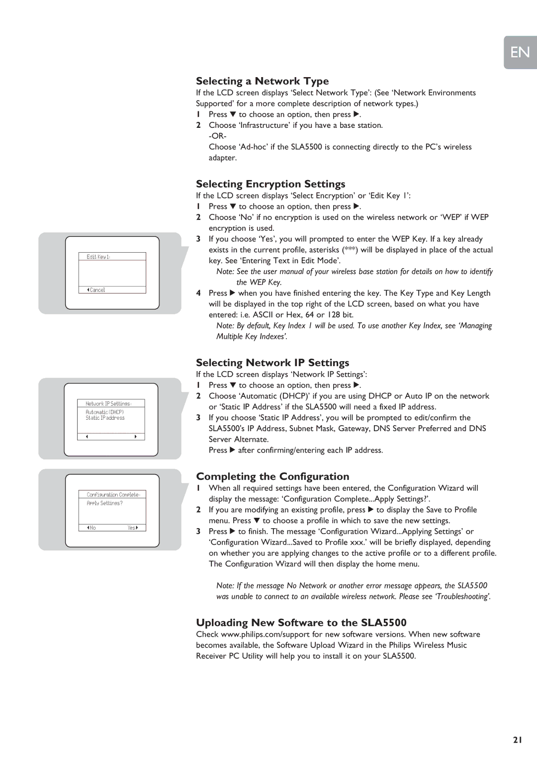 Philips SLA5500 user manual Selecting a Network Type, Selecting Encryption Settings, Selecting Network IP Settings 