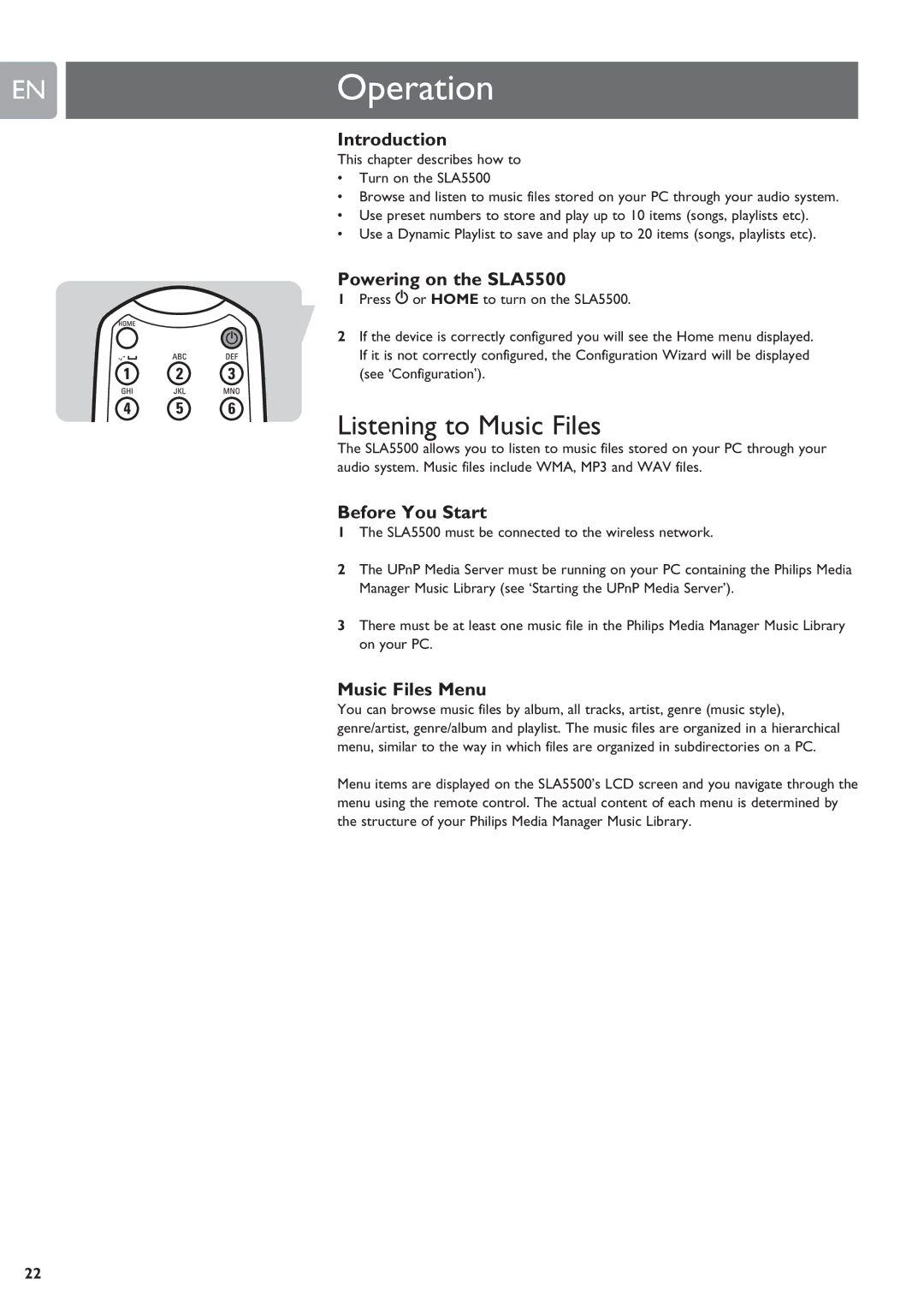 Philips user manual ENOperation, Listening to Music Files, Powering on the SLA5500, Music Files Menu 