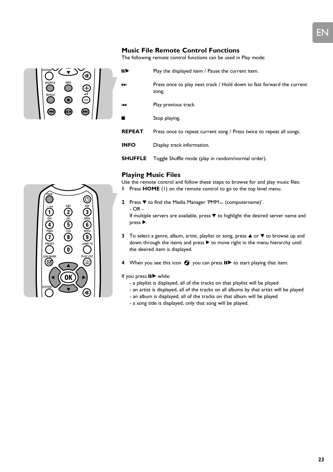 Philips SLA5500 user manual Music File Remote Control Functions, Playing Music Files 