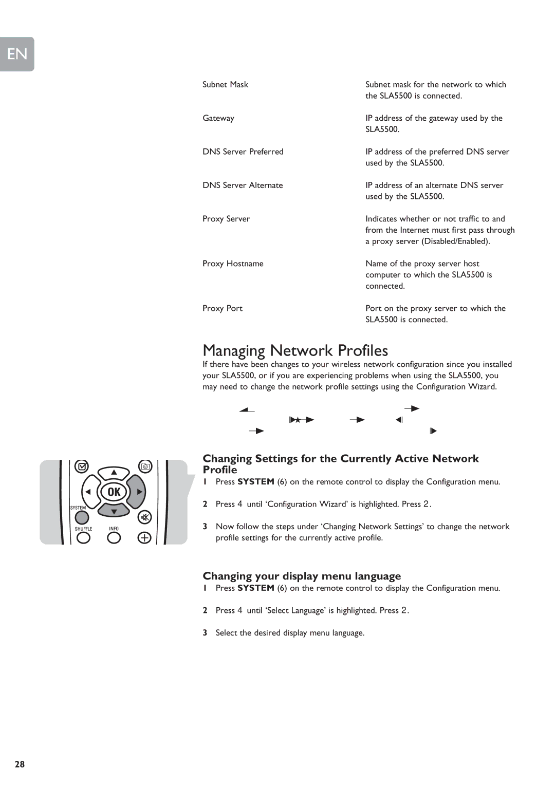 Philips SLA5500 user manual Managing Network Profiles, Changing Settings for the Currently Active Network Profile 