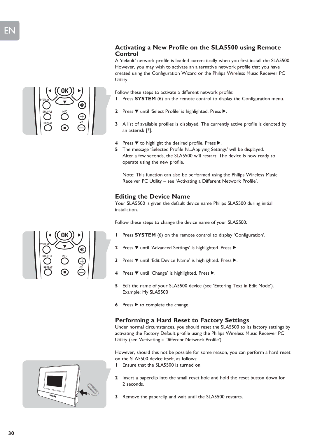 Philips SLA5500 user manual Editing the Device Name, Performing a Hard Reset to Factory Settings 