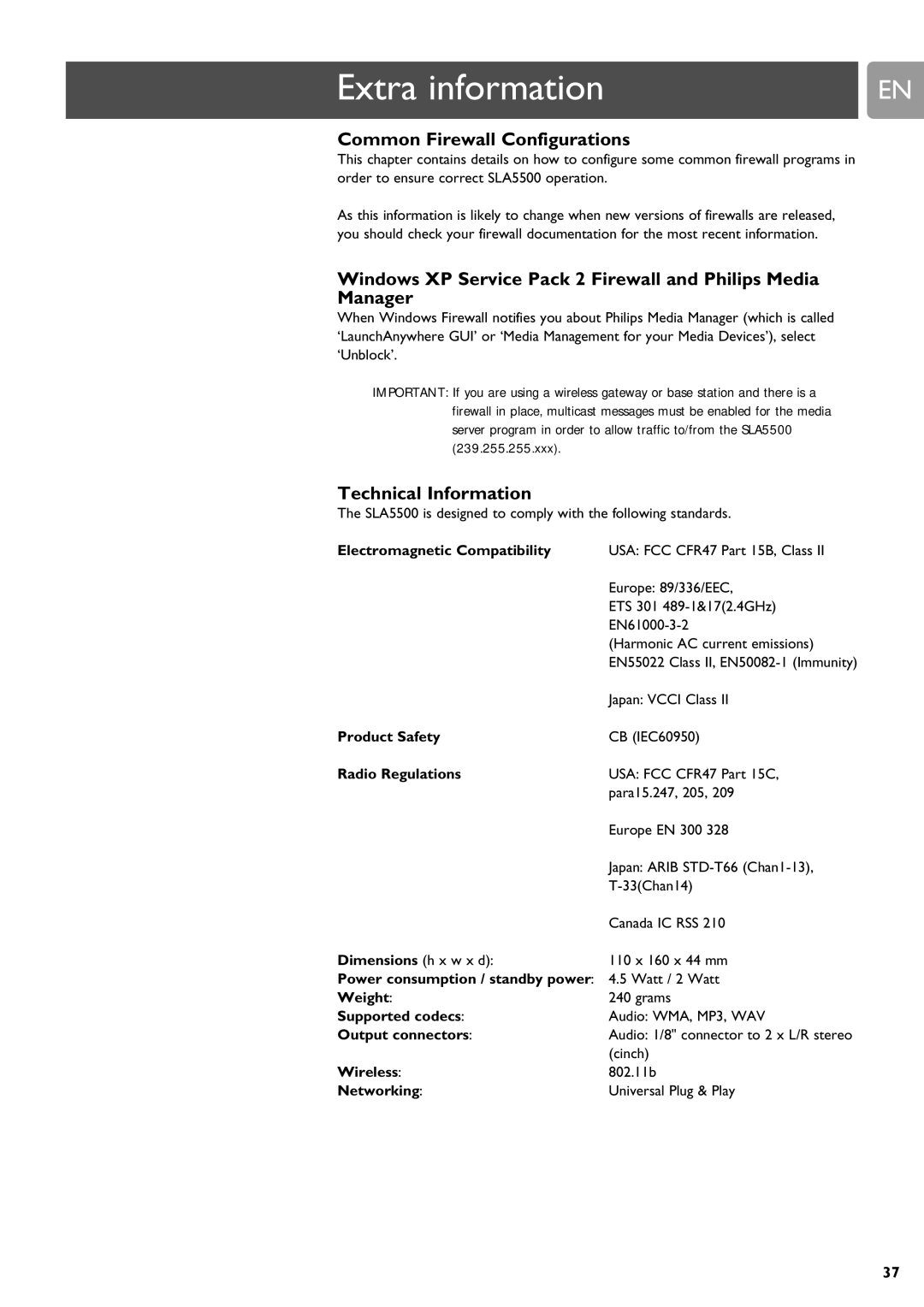 Philips SLA5500 user manual Extra information, Common Firewall Configurations, Technical Information 