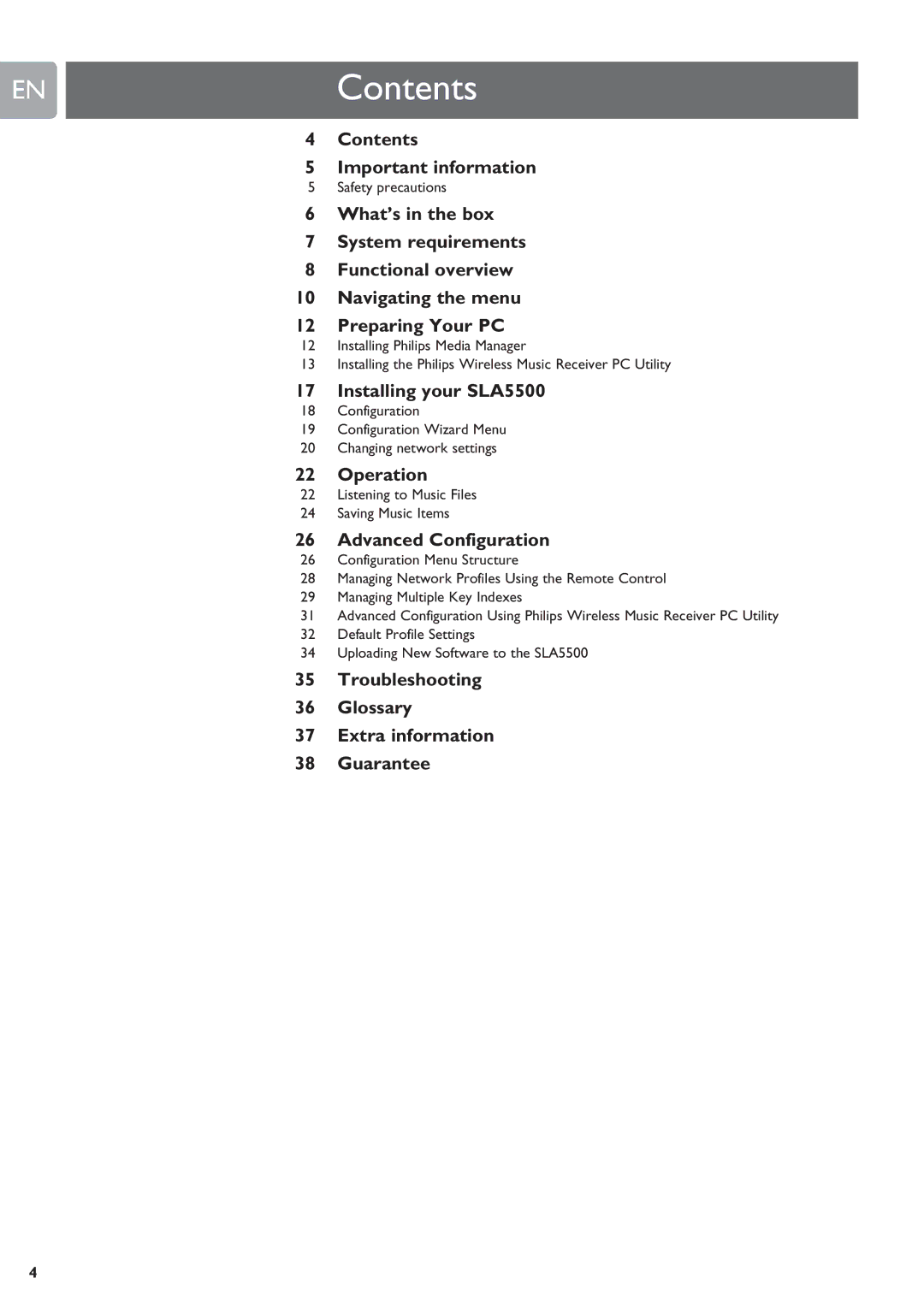 Philips SLA5500 user manual ENContents 