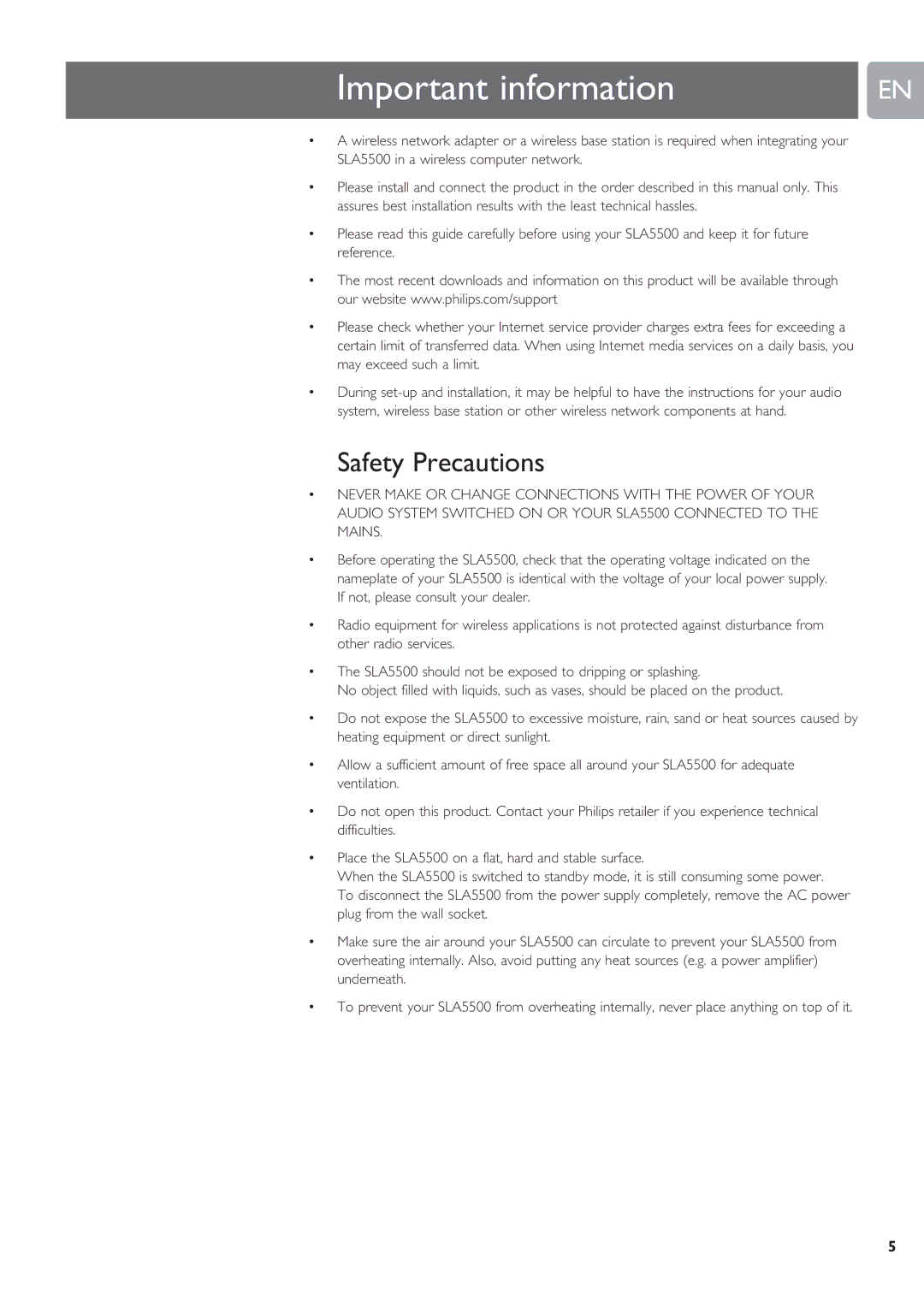 Philips SLA5500 user manual Important information, Safety Precautions 