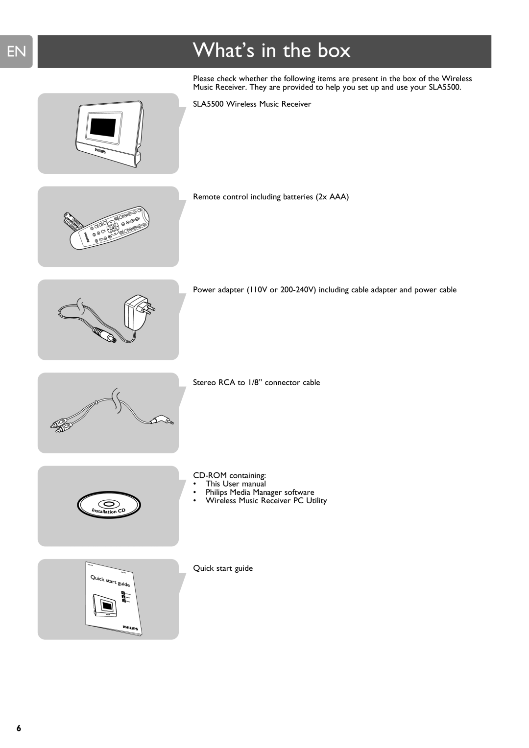 Philips SLA5500 user manual What’s in the box, Quick start guide 